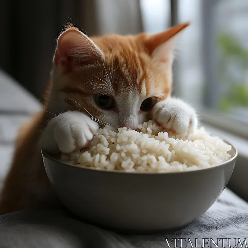 Playful Ginger Kitten in a Rice Bowl AI Image