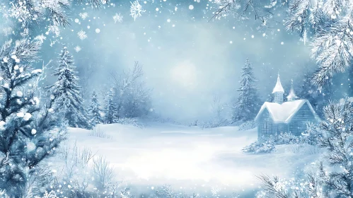 Serene Winter Landscape with Snowy Cottage