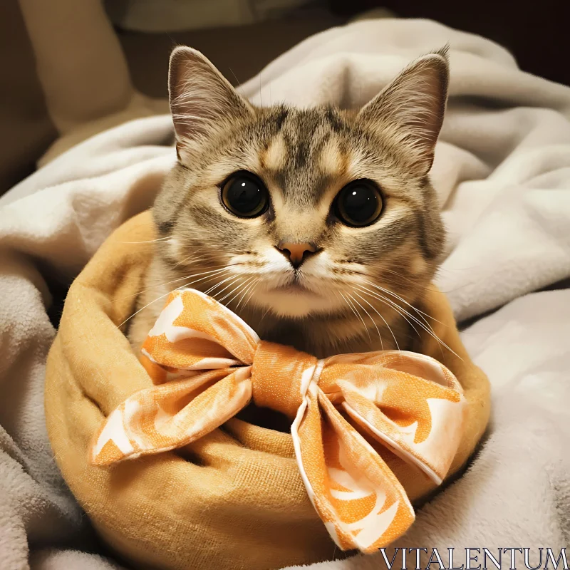 Cute Kitten Wearing an Orange Bow AI Image