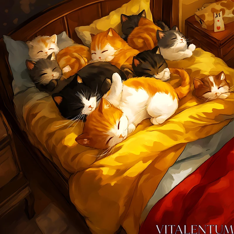 AI ART Fluffy Kittens Sleeping on Cozy Bed