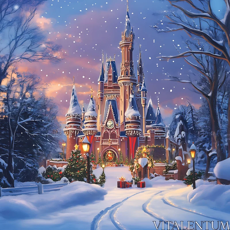 Snow-Covered Fairytale Castle in Festive Setting AI Image