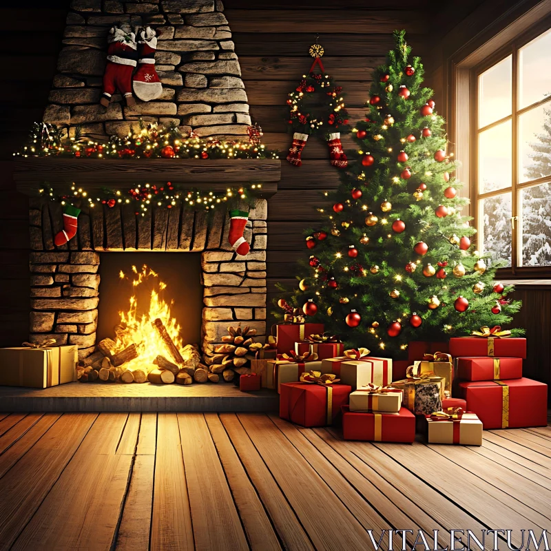 Festive Holiday Scene with Tree and Fireplace AI Image