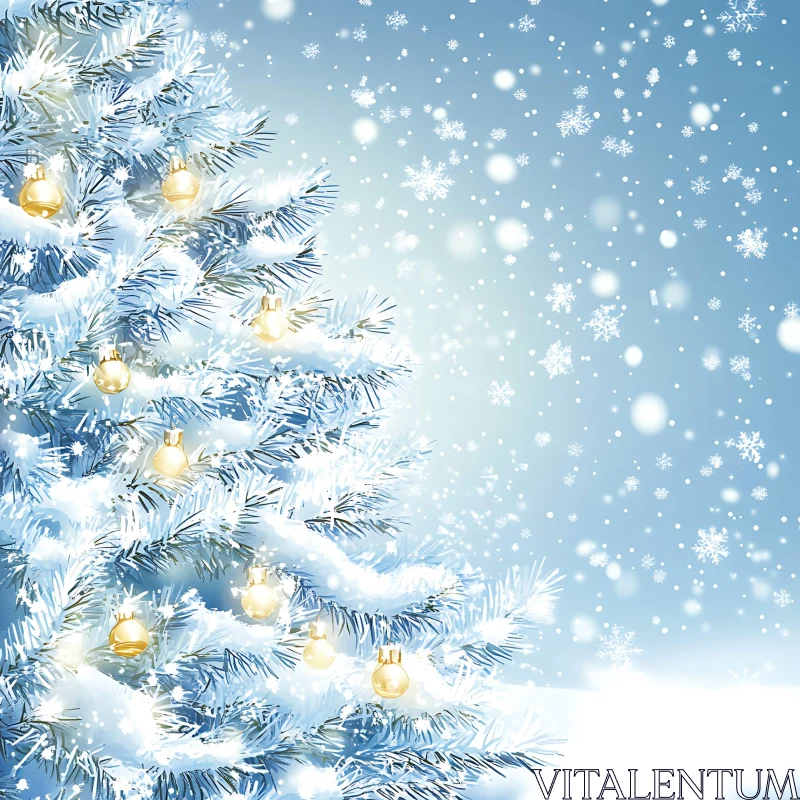 Snow-Covered Christmas Tree with Golden Ornaments AI Image