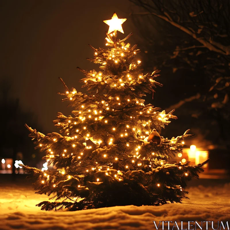 Festive Christmas Tree in Snowy Night AI Image