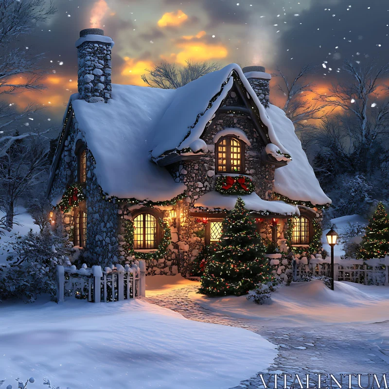 Christmas Cottage with Festive Decorations and Snow AI Image