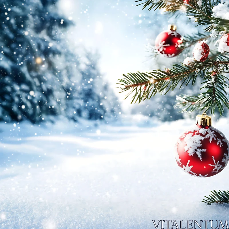 Winter Wonderland with Decorated Christmas Tree Branch AI Image