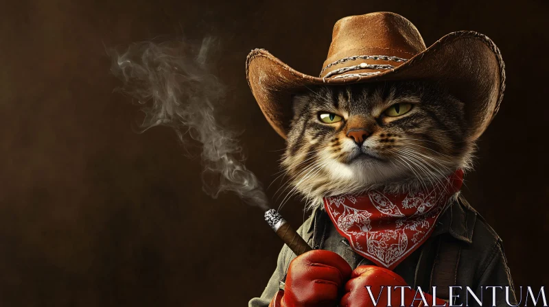 Western Cat with Cigar and Cowboy Hat AI Image