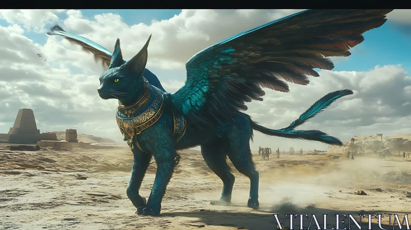 Majestic Winged Cat in Ancient Desert AI Image