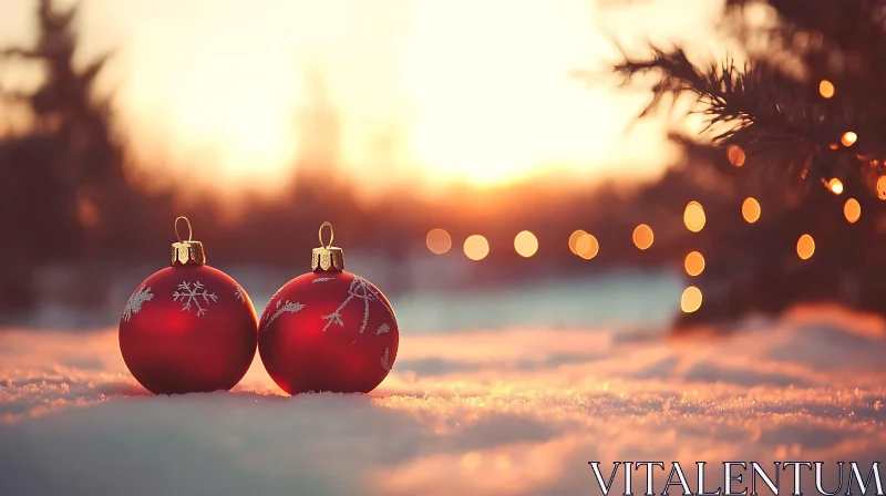 Christmas Ornaments on Snow at Sunset AI Image