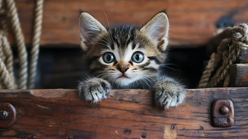 Cute Fluffy Kitten in a Wooden Box