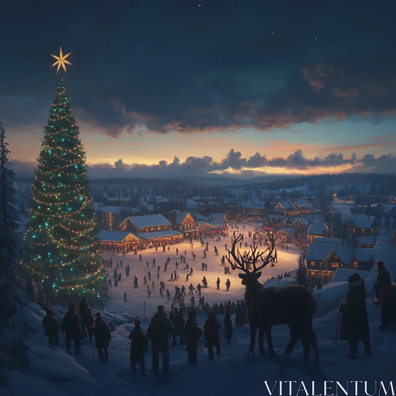 Festive Village with Illuminated Christmas Tree and Skating AI Image