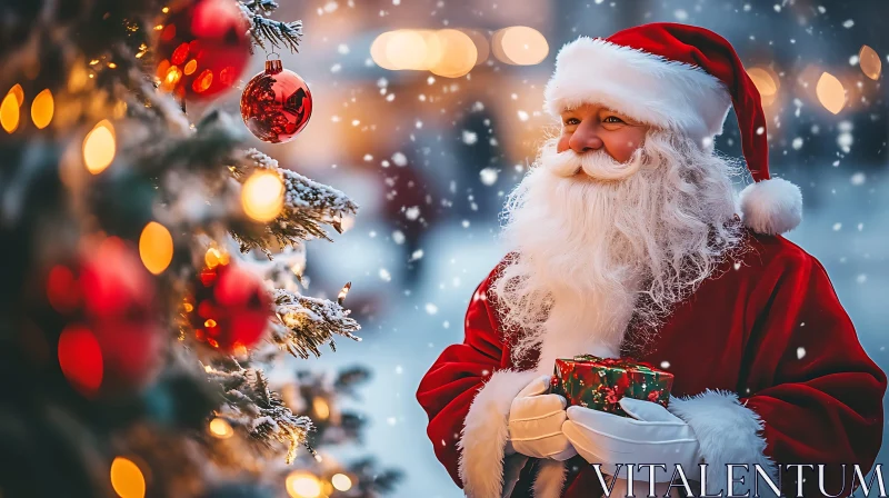 Santa Claus with Gift in Snowy Christmas Setting AI Image