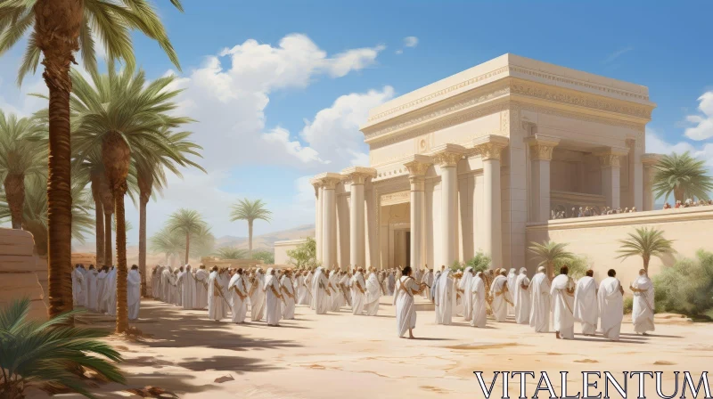 Ancient Temple Gathering in Desert Landscape AI Image