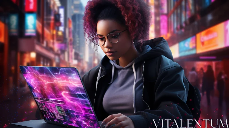 Captivating Cyberpunk Woman in Vibrant Cityscape AI Image