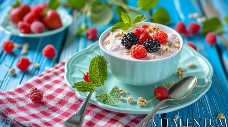 Delicious Yogurt Bowl with Berries and Granola on Blue Wooden Table AI Image