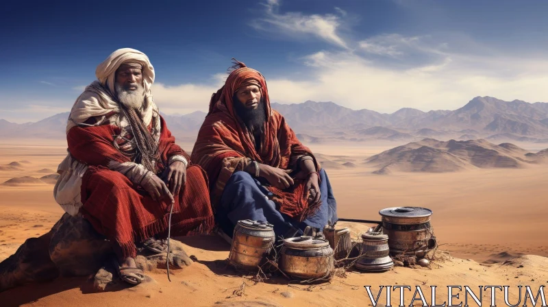 Enigmatic Scene: Two Men in Traditional Arab Attire on Desert Sand Dune AI Image