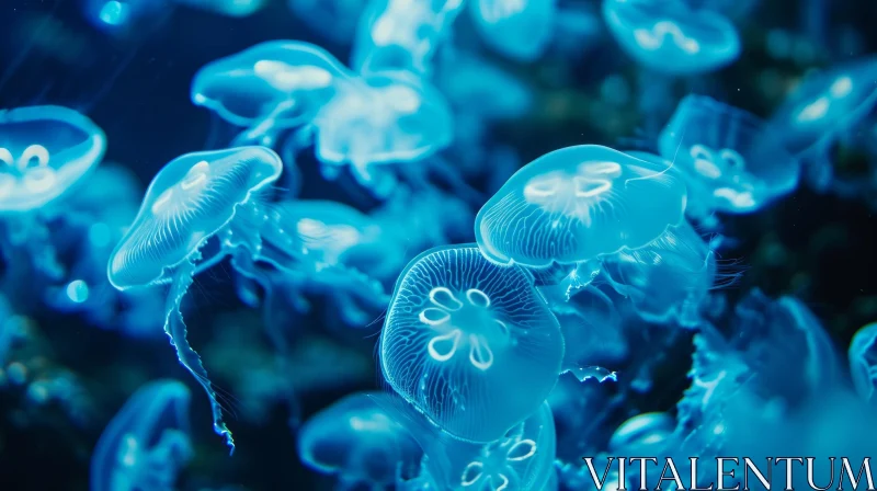 AI ART Glowing Jellyfish in Dark Blue Water - Ethereal Underwater Scene