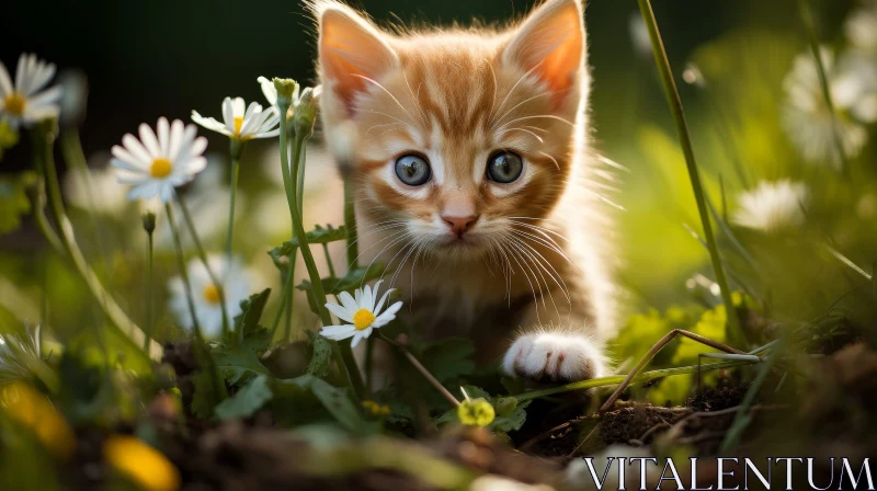 Majestic Orange Kitten in Green Field with Daisies AI Image