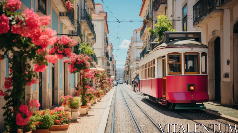 Romantic Cityscape: A Floral Pink Tram in Lisbon AI Image