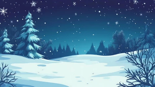 Peaceful Winter Night Scene with Snowfall and Pine Trees