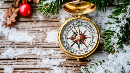 Snow-Dusted Compass with Pine Branches