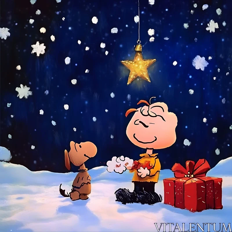 Festive Snowy Night with Boy and Dog Cartoon AI Image