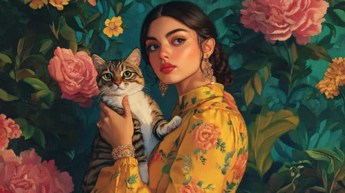 Vintage Portrait of a Woman and Cat with Floral Background