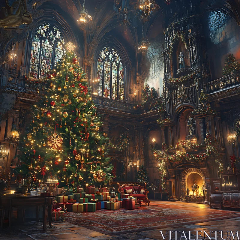 Festive Christmas Decorations in an Elegant Hall AI Image