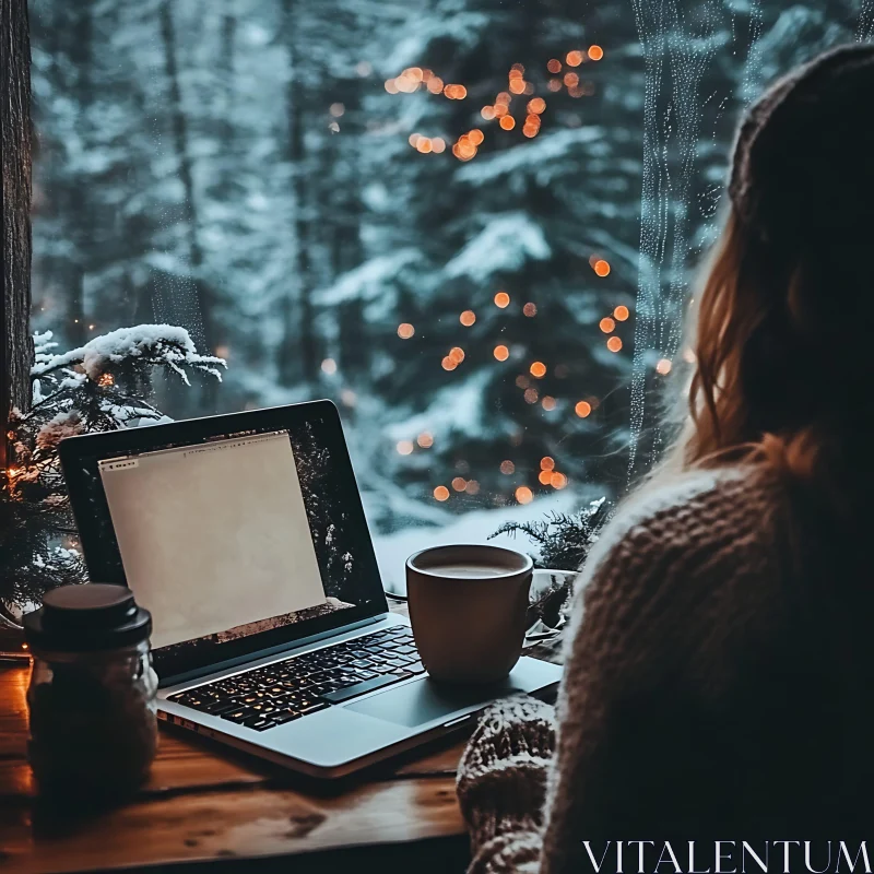 Serene Winter Cabin with Snowy View AI Image