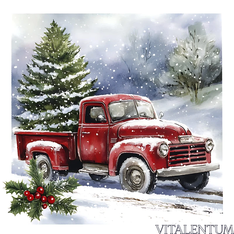 AI ART Classic Christmas Scene with Snow and Red Truck