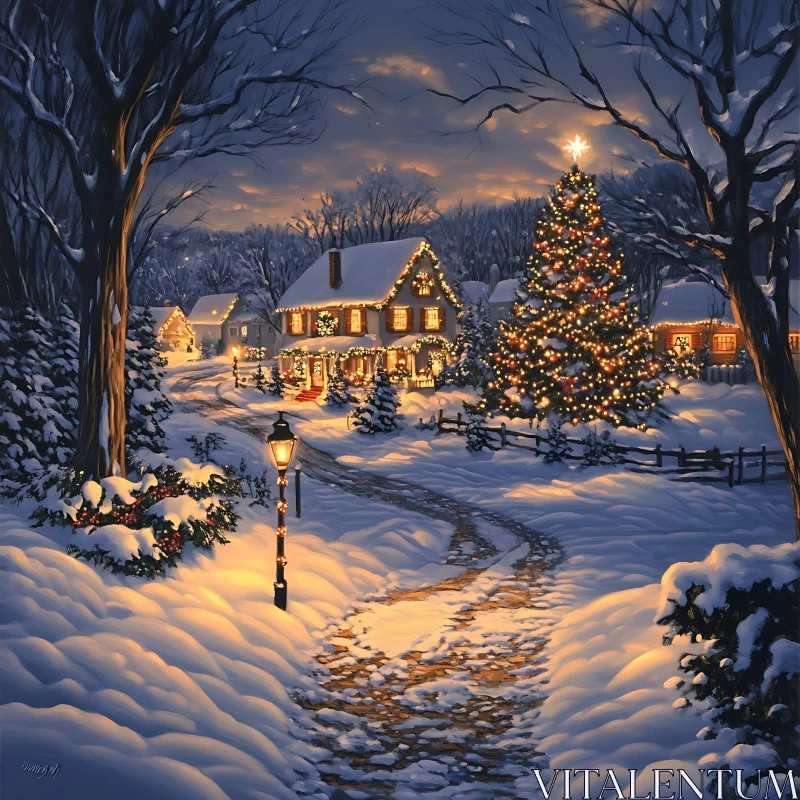 Festive Winter Cottage Scene with Christmas Decorations AI Image