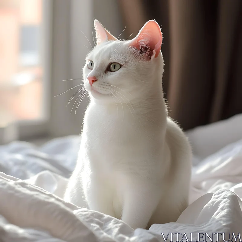 Serene White Cat in Sunlight AI Image