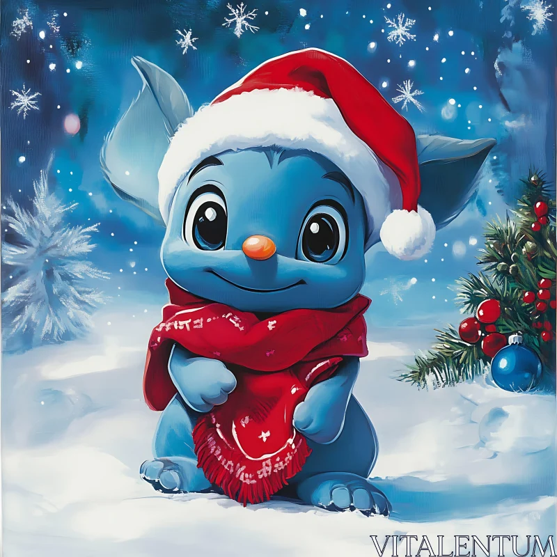 Animated Blue Character with Santa Hat and Scarf AI Image