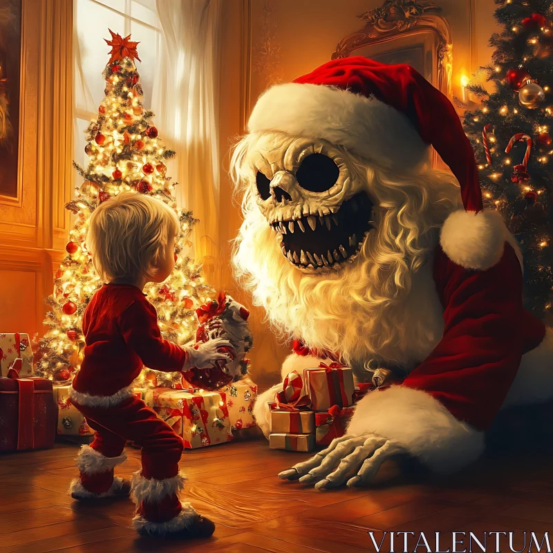 Ghoulish Christmas: Encounter with a Skeletal Santa Claus AI Image