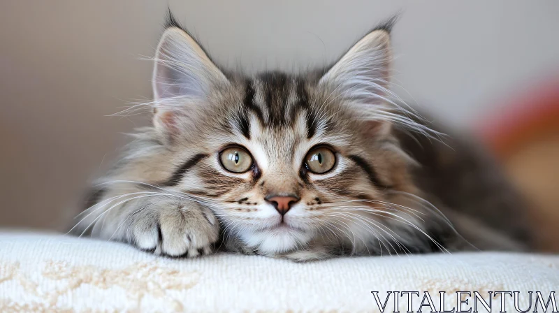 Close-Up of a Fluffy Kitten Lying Down with Wide Eyes AI Image