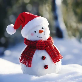 Festive Snowman Wearing Santa Hat in Snowy Scene