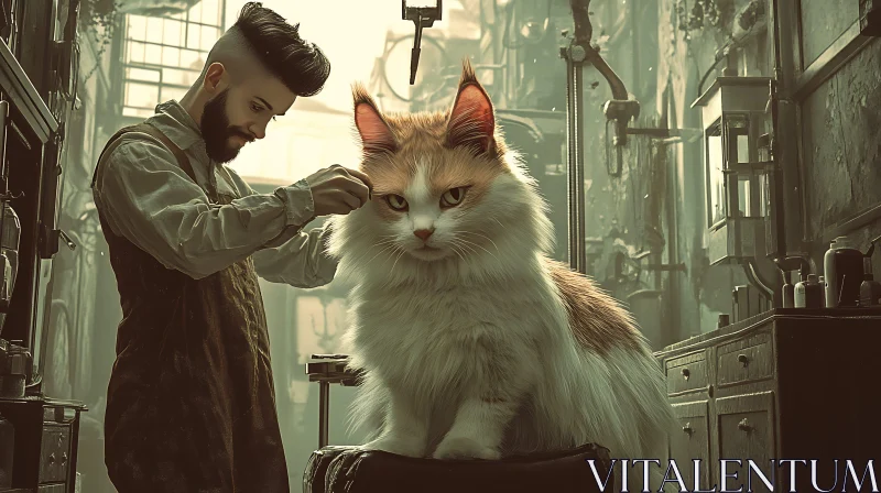 Whimsical Giant Cat Barber Shop Artwork AI Image