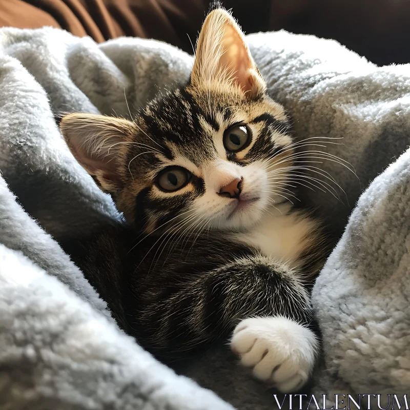 Cute Striped Kitten Wrapped in Cozy Blanket AI Image