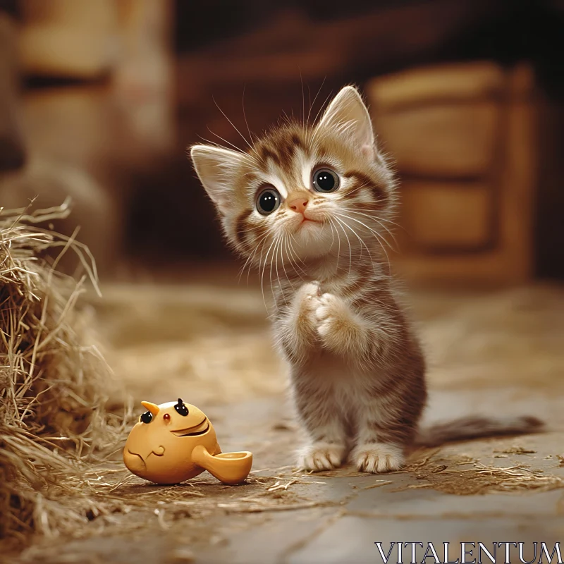 Cute Kitten Playing with Toy in Hay AI Image