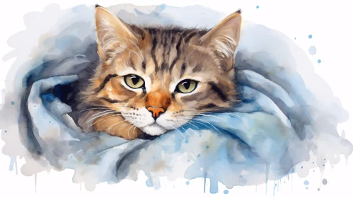 Tabby Cat Wrapped in Blue Blanket Watercolor Art