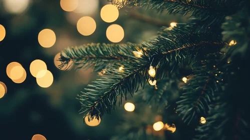 Evergreen Branches with Festive Bokeh Lights