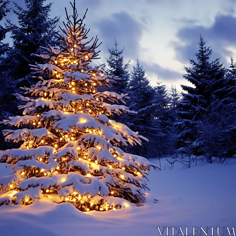 Illuminated Tree in Winter Wonderland AI Image