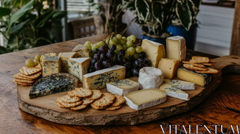 Cheeses, Grapes, and Crackers on a Wooden Board - A Visual Delight AI Image