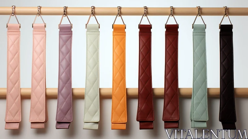 Colorful Quilted Leather Straps on Wooden Rod AI Image