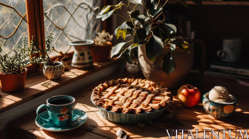 Cozy Still Life: Windowsill with Pie, Coffee, and Apple AI Image