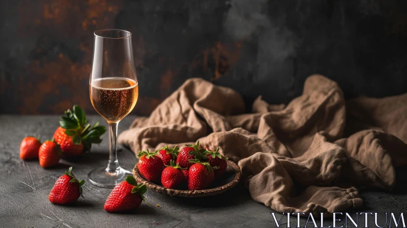 Elegant Still Life: Glass of Champagne and Strawberries AI Image