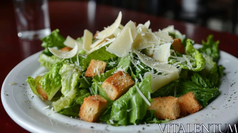 Exquisite Close-Up of a Caesar Salad on a White Plate AI Image