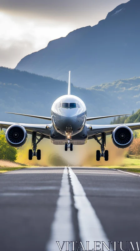 Large Passenger Plane Landing on Runway with Mountainous Background AI Image
