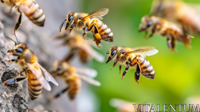 Mesmerizing Bees in Flight over a Tree Trunk AI Image