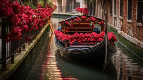 Romantic Gondola Ride Through a Canal of Red Flowers
